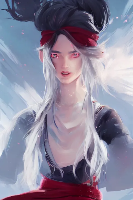 Prompt: portrait of a girl sorcerer with white hair in a messy white hairbun. She is wearing a short black tshirt, jeans pants, a red scarf. digital art, character design. in the style of wlop, rossdraws, artstation trending