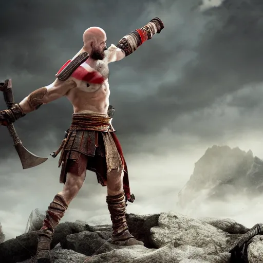 Image similar to ryan reynolds as kratos from god of war, holding a javelin, aggressive face, epic, cinematic shot, ultra realstic, 8 k