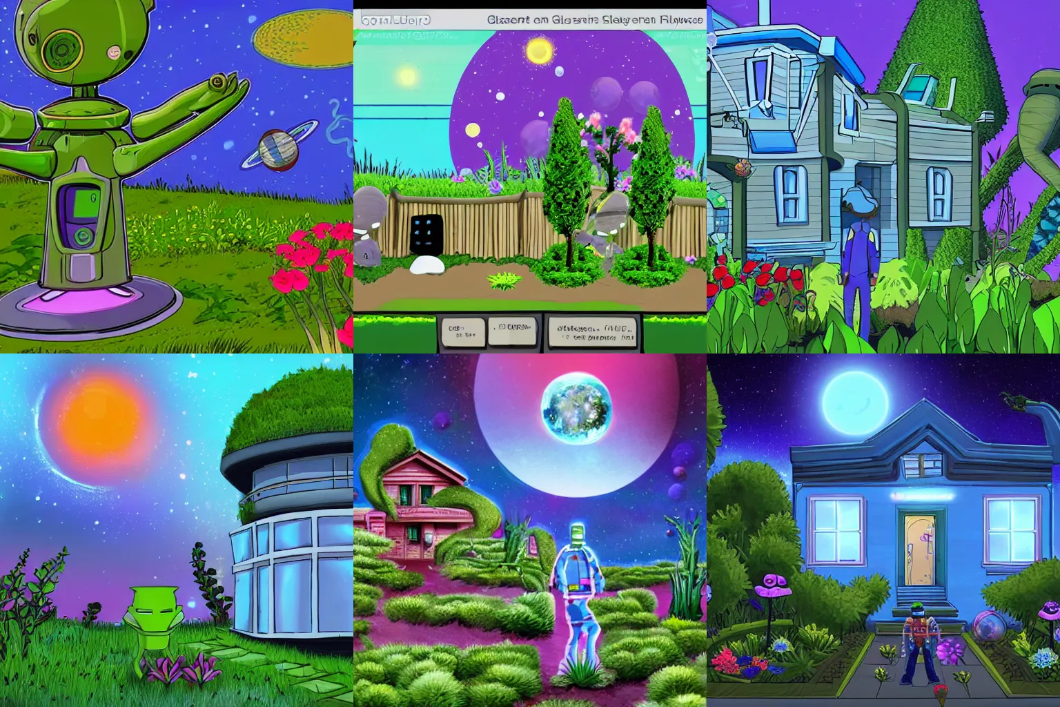 Prompt: in front of a strange looking house, in a small town on an alien planet, alien plants and flowers in a garden in front of the house, from a space themed point and click 2D graphic adventure game, made in 2019, high quality graphics