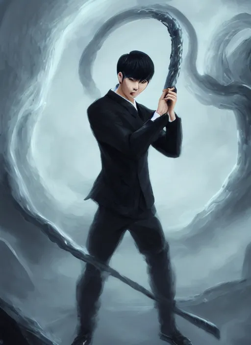 Image similar to a highly detailed illustration of korean man with bowl cut black hair wearing tie with giant black claws, wielding giant black fog claws pose, foggy black mist surrounding background, perfect face, intricate, elegant, highly detailed, centered, digital painting, artstation, concept art, smooth, sharp focus, league of legends concept art, wlop.