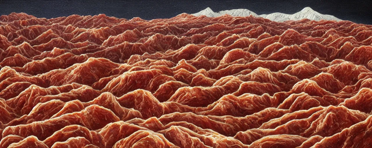 Prompt: Surface of a planet made out of meat. Mountains of beef, rivers of gravy. Classic painting, award winning, highly detailed