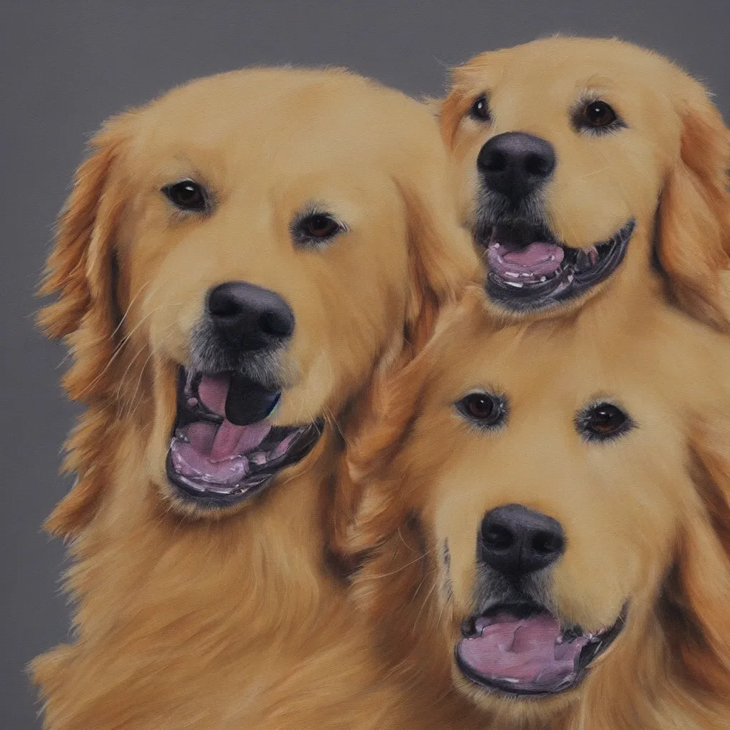 Prompt: A painting of a single happy golden retriever dog with detailed fur, portrait