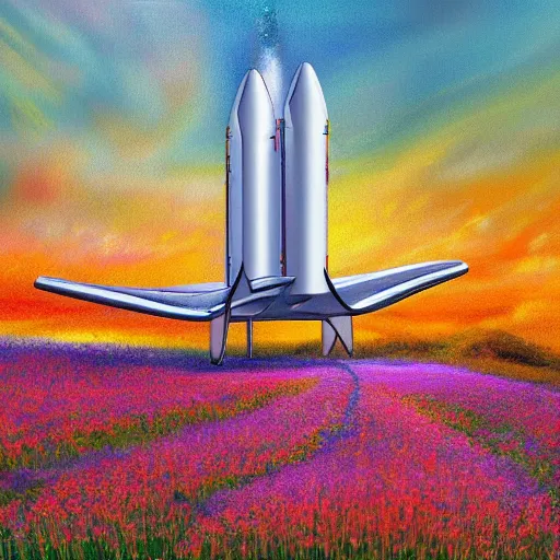 Image similar to spacex starship rocket landing in a field of flowers at sunset, impressionist painting