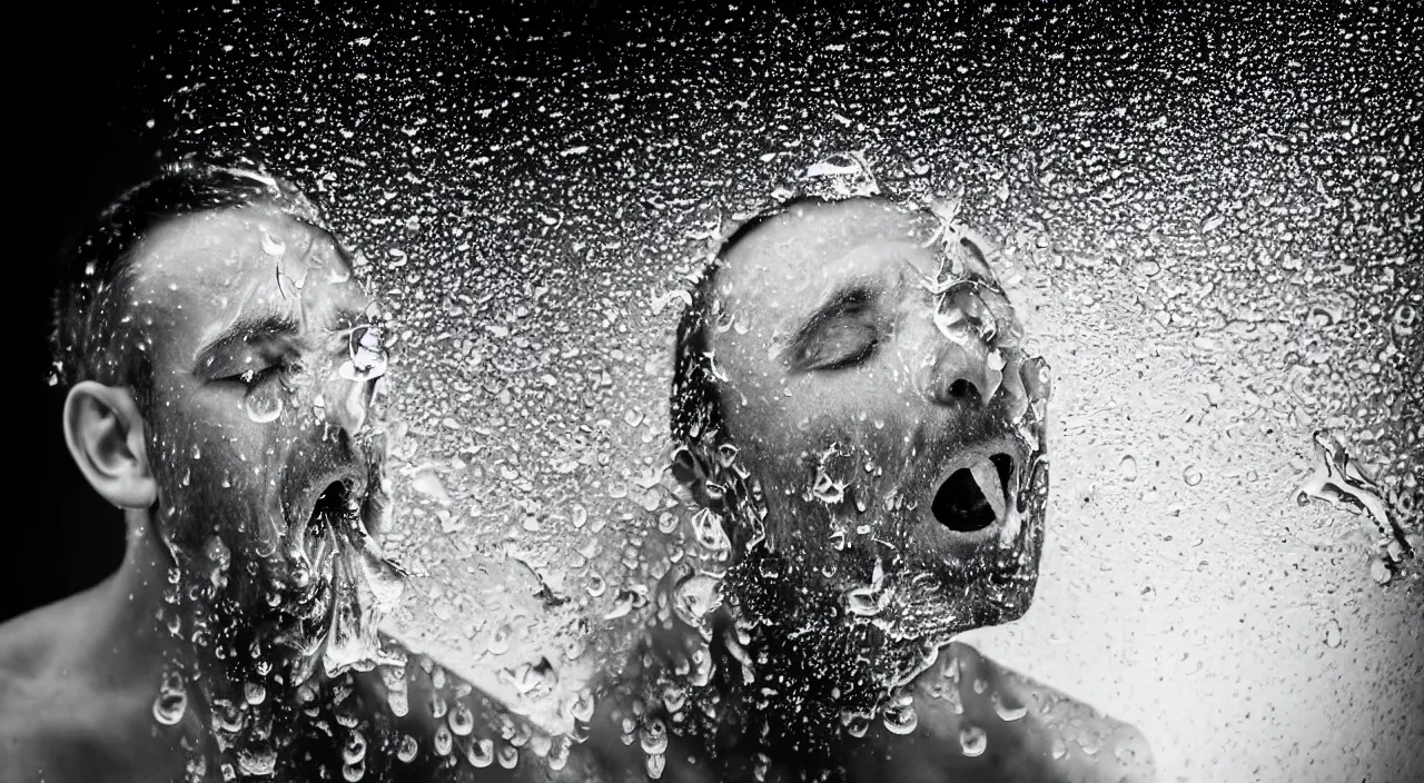 Prompt: Man sneezing. Still photograph. F4.0 shutter speed 1200 iso 1600 outdoor backlit studio lighting water droplets frozen in the air, photorealistic, dramatic, award winning, intricate details, 8K