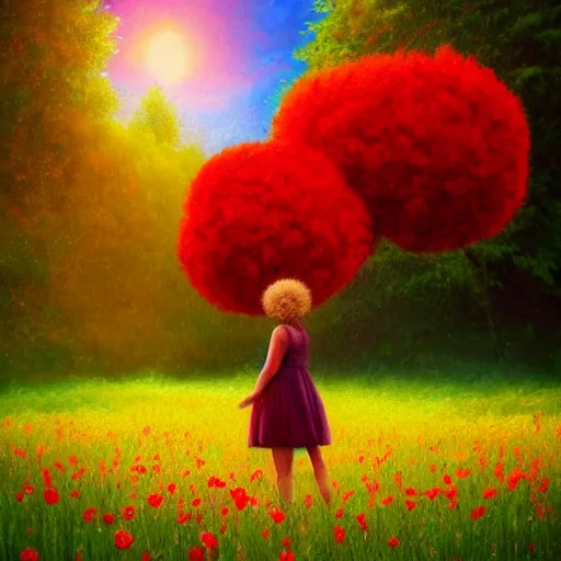 Prompt: large red flower afro, girl standing in a field with flowers, surreal photography, hills, big trees, sunrise dramatic light, impressionist painting, colorful clouds, digital painting, pointillism, artstation, simon stalenhag