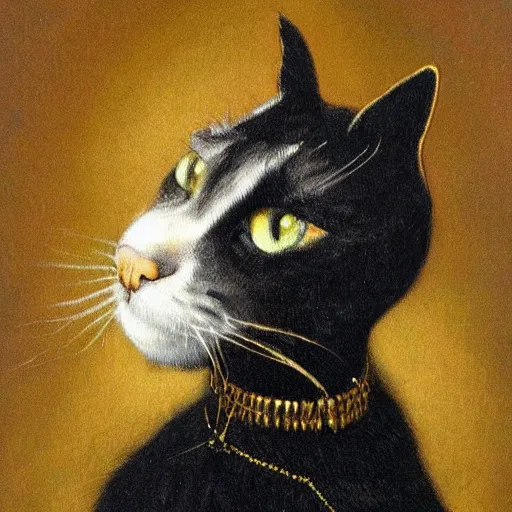 Prompt: golden age style black cat with ruff collar portrait painted by Rembrandt