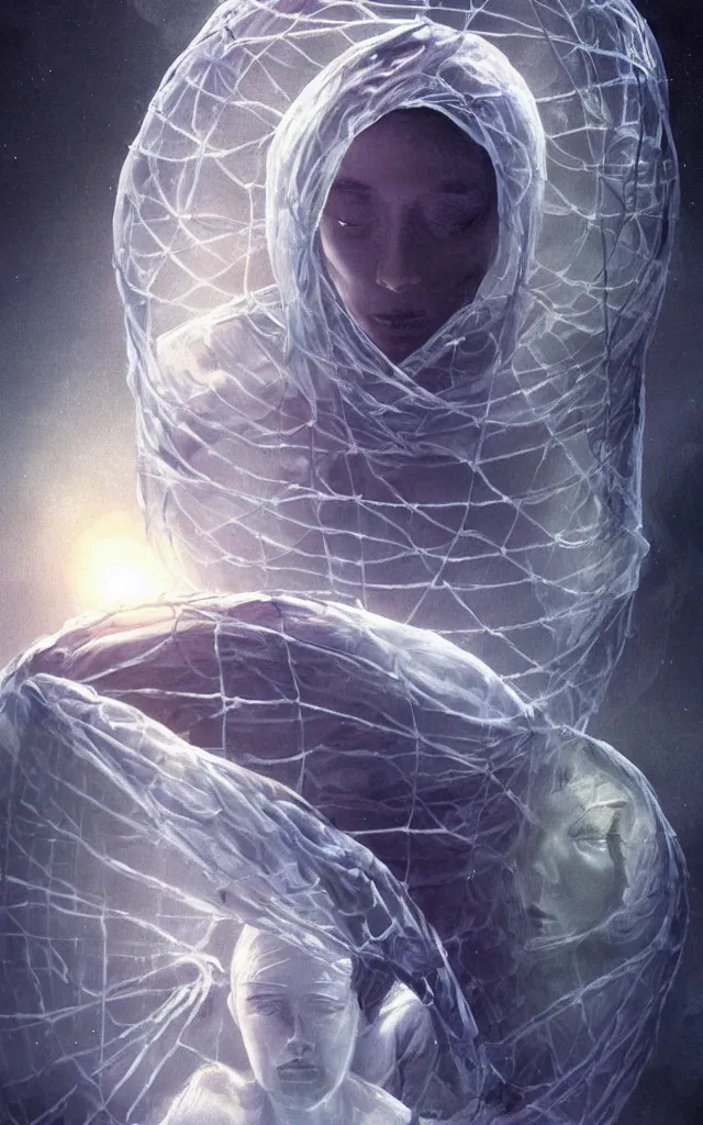 Image similar to human wrapped in a neural mesh cocoon plugged spirit machine, perfect future, award winning scifi art