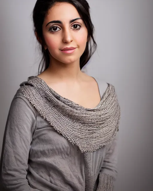 Prompt: a highly realistic, true to life portrait of a beautiful young middle eastern girl, with a symmetrical face, sharp focus, from the waist up, with sharp features, a beautiful face, soft smile, under studio lighting, taken with a canon eos camera with 1 3 5 mm focal length