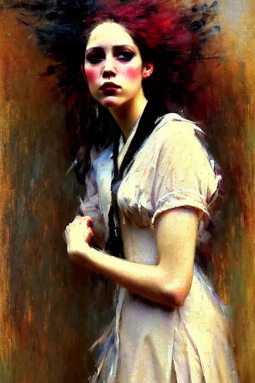 Image similar to impressionist brushstrokes!!!!!!!!! solomon joseph solomon and richard schmid and jeremy lipking victorian loose genre loose painting full length portrait painting of a young beautiful woman punk rocker