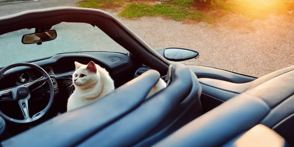 Image similar to birds eye view of convertible, cat homies chilling in car, paws on steering wheel, golden hour, clear sky
