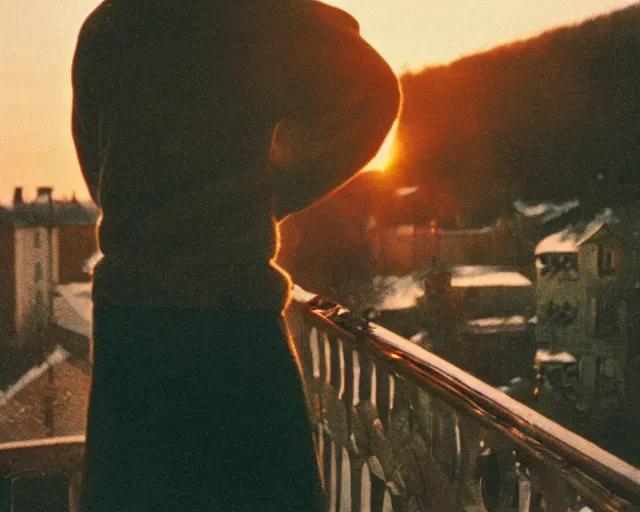 Image similar to award - winning lomographic tarkovsky film still of 4 0 years russian man with beard and sweater standing on small hrushevka 9 th floor balcony in taiga looking at sunset, kodak ektar, bokeh