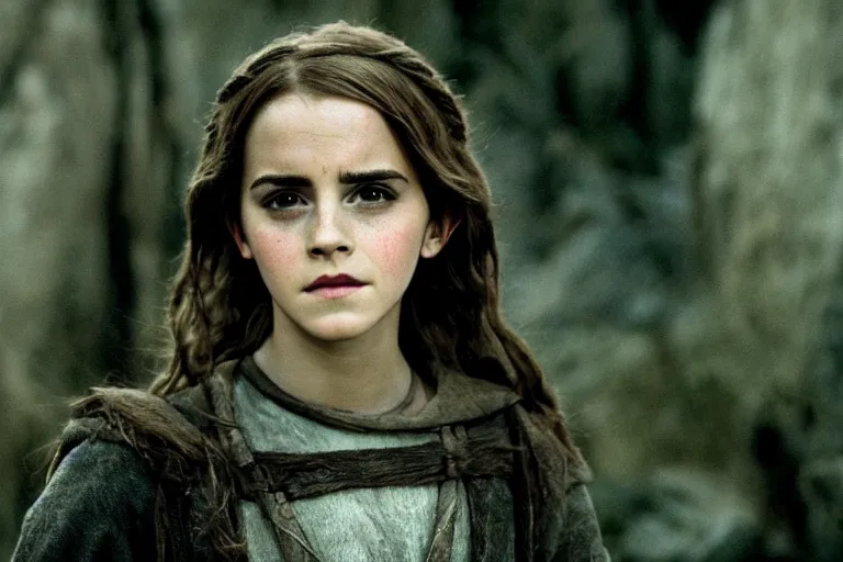 Image similar to emma watson plays an elf in the lord of the rings return of the king, highly detailed, cinematic lighting, 4 k, arricam studio 3 5 mm film camera, kodak 5 2 7 9 ( tungsten - balanced ) film stock