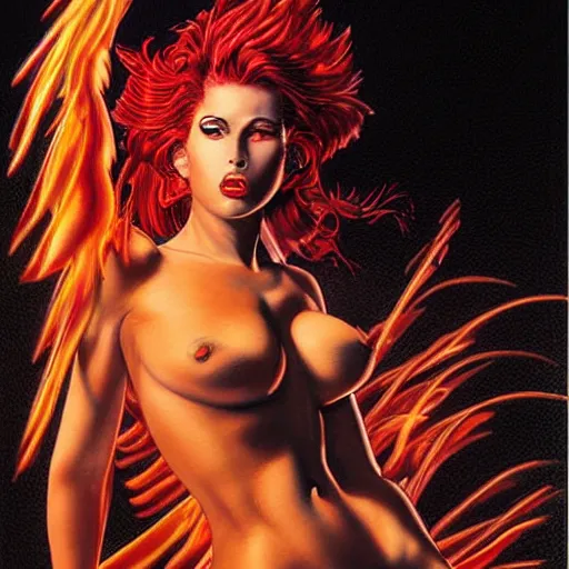 Image similar to the Pheonix Queen of fire and smoke painting by Hajime Sorayama