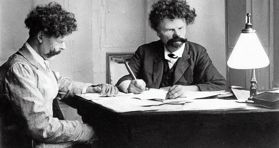 Image similar to august strindberg writing at a secretary desk in a small viennese apartment, lamplight, victorian era, depth of field