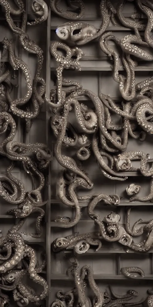 Image similar to a wideshreen photo of a huge cabinet full of octopuses cinematic lighting, silverplate, hyper realistic, very detailed, Octane render 8k