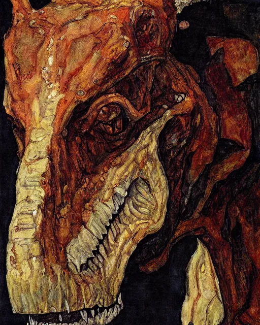 Image similar to portrait of a tyrannosaurus!!!!!!!!!!!!! by egon schiele in the style of greg rutkowski