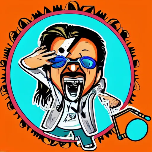 Image similar to svg vector sticker of absolutely insane-mad-scientist-villain, rocking out, wearing headphones, huge speakers, dancing, rave, DJ, spinning records, digital art, amazing composition, rule-of-thirds, award-winning, trending on artstation, featured on deviantart