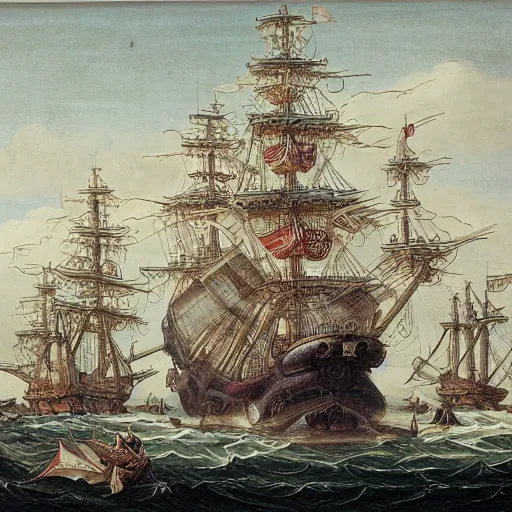 Image similar to a giant octopus with tentacles wrapped around a spanish galleon, by george philip reinagle