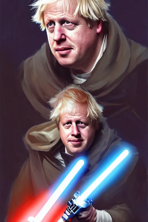 Image similar to Boris Johnson as a Jedi from Star Wars, Union Jack light saber, realistic portrait, symmetrical, highly detailed, digital painting, artstation, concept art, smooth, sharp focus, illustration, cinematic lighting, art by artgerm and greg rutkowski and alphonse mucha