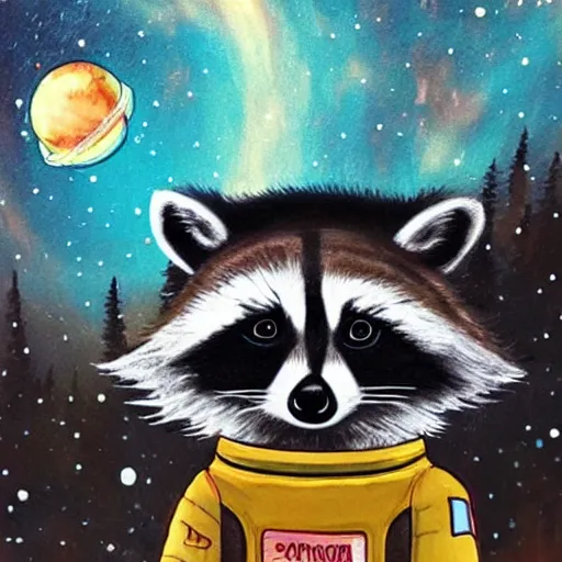 Prompt: a raccoon astronaut gazing in wonder at the universe