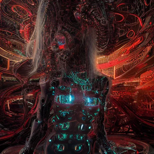 Image similar to cybernetic demon dreaming with its highly networked mind, lsd, circuitry, intricate detail, royo, whealan, giger, klimt, hd, octane render, unreal engine,