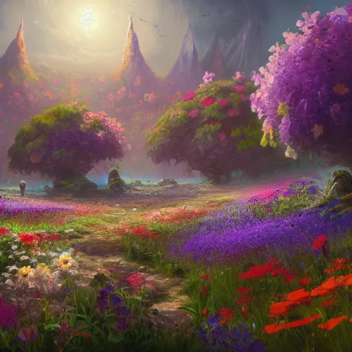 Image similar to flower field at the end of time, by Tyler Edlin, 8k resolution, trending on art station