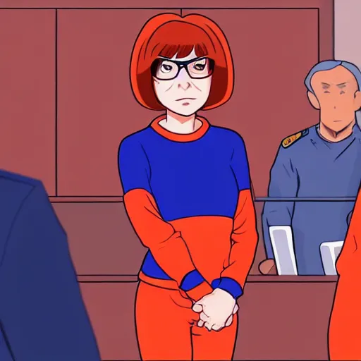 Image similar to Stunning Scene of Velma Dinkley wearing her iconic orange sweater from Scooby Doo in court for falsely accusing someone of being a criminal. Pixiv, artstation