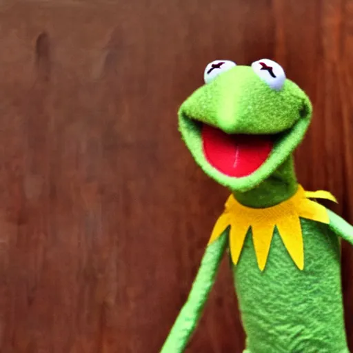Prompt: kermit meme kermit the frog puppet hanging by his arm from a ceiling fan, highly detailed, photo realism, textured puppet, dslr