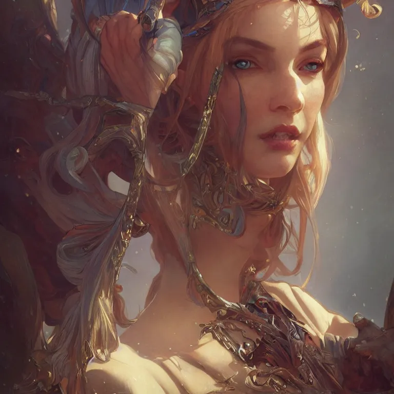 Image similar to portrait of an elf queen, D&D, fantasy, highly detailed, digital painting, artstation, concept art, smooth, sharp focus, illustration, art by greg rutkowski and alphonse mucha