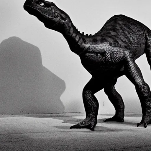 Image similar to a black and white photo of a dinosaur dancing to rap