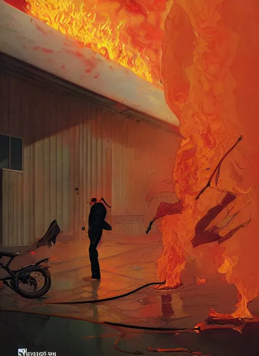 Image similar to poster artwork by Michael Whelan and Tomer Hanuka, Karol Bak of semi truck on side exploding woman walks away from the flames, from scene from Twin Peaks, clean