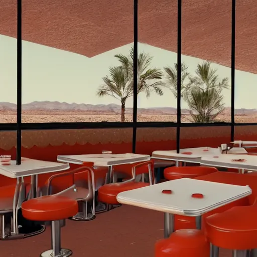 Image similar to photorealistic 1960s diner cafe in the middle of a desert,