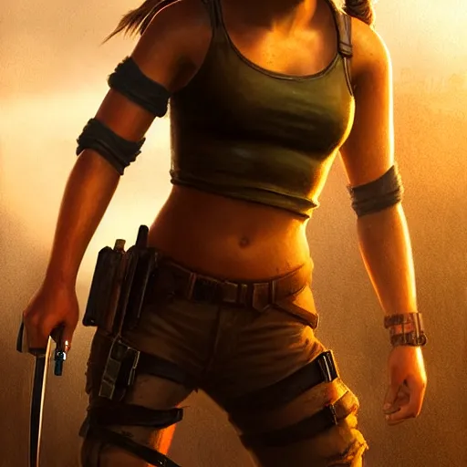 Image similar to realistic young Lara Croft portrait, atmospheric lighting, painted, intricate, volumetric lighting, beautiful, rich deep colors masterpiece, golden hour, sharp focus, ultra detailed, by Leesha Hannigan, Ross Tran, Thierry Doizon, Kai Carpenter, Ignacio Fernández Ríos