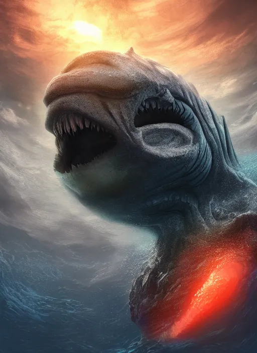 Image similar to a deep sea monster with a human face, a colossal gigantic deep sea creature, concept art, behance hd, artstation, deviantart, global illumination, radiating, a glowing aura, ray tracing, hdr, render