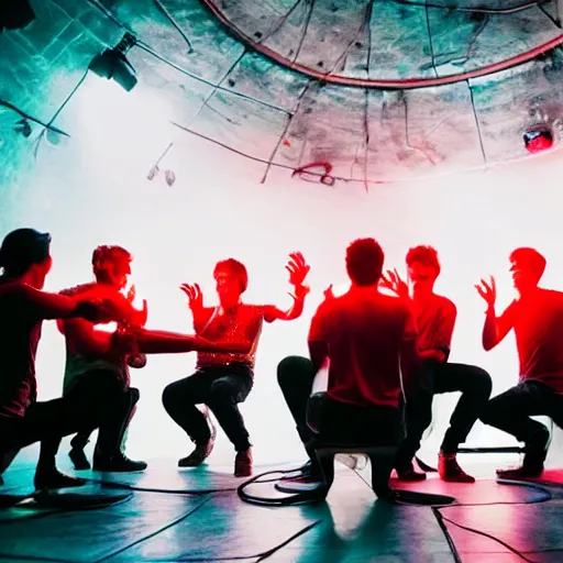 Prompt: 6 people sitting in circle, a fire in the middle in the floor of a small stage of a band, drummer is there behind them. red neon lights good mood, nice ambience singing