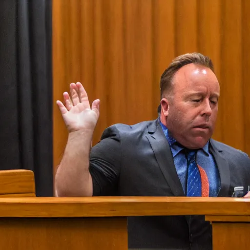 Prompt: Alex Jones desperately reaching for his out of reach phone in the courtroom, EOS 5DS R, ISO100, f/8, 1/125, 84mm, RAW, sharpen, unblur