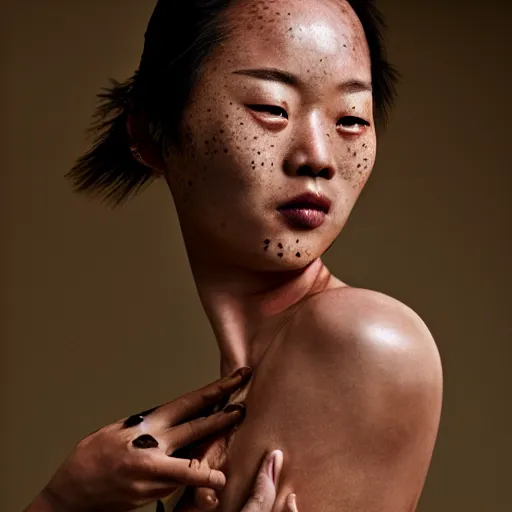 Prompt: amazing asian woman with freckles by Kenneth Willardt by Jimmy Nelson by Olivia Rae James, dynamic pose, cinematic shot, studio light photo realism, sharpen, 4k, photo 85mm, award winning, documentary, detailed