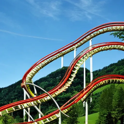 Image similar to a rollercoaster with twists and turns in a beautiful swiss landscape