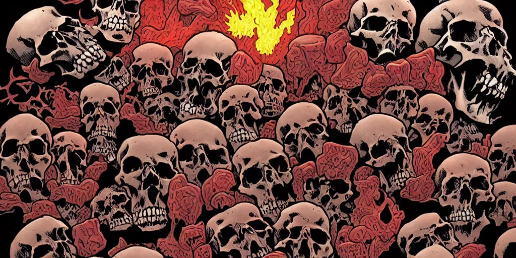 Image similar to a !!!!hellish landscape of skulls of different sizes, bones and flesh. Marvel comic style.