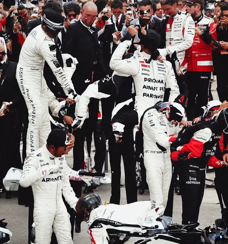 Image similar to “A portrait of Lewis Hamilton in his racing uniform being knighted by the queen by Banksy”