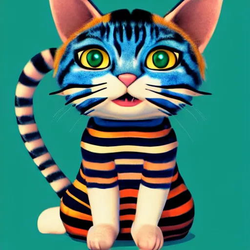 Image similar to cute blue striped cat of cheshire from alice in wonderland. an adorable cat with light blue stripes and a big playful smile. award - winning digital art, trending on artstation