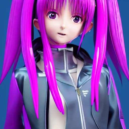 Image similar to portrait of a anime girl with purple jacket design by antonio mello, character modeling, toy design, substance 3 d painter, blender, mental ray, zbrush, soft vinyl, bio luminescent, maximalist sculpted design portrait, studio photo, 7 0 mm lens, trending in artstation