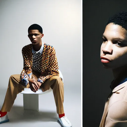 Image similar to realistic photoshoot for a new balenciaga lookbook, color film photography, portrait of a beautiful person, in style of Campbell Addy, Tyler Mitchell, 35mm