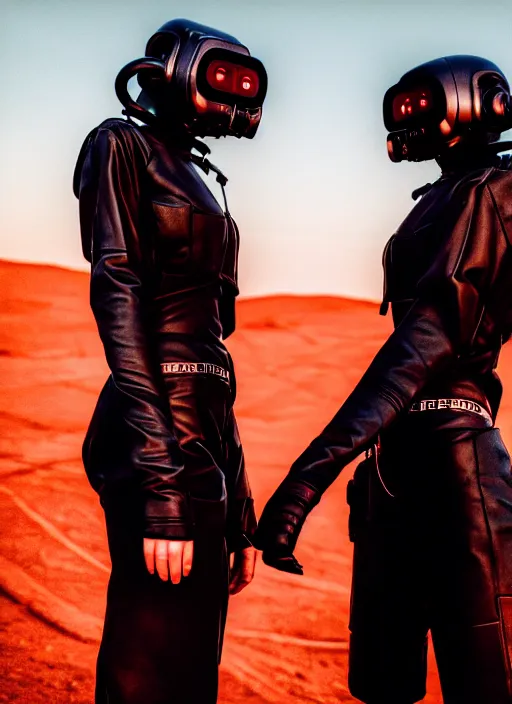 Image similar to cinestill 5 0 d photographic portrait of two loving female androids wearing rugged black techwear on a desolate plain with a red sky, extreme closeup, cyberpunk style, leather garters, dust storm, 8 k, hd, high resolution, 3 5 mm, f / 3 2, ultra realistic faces, ex machina