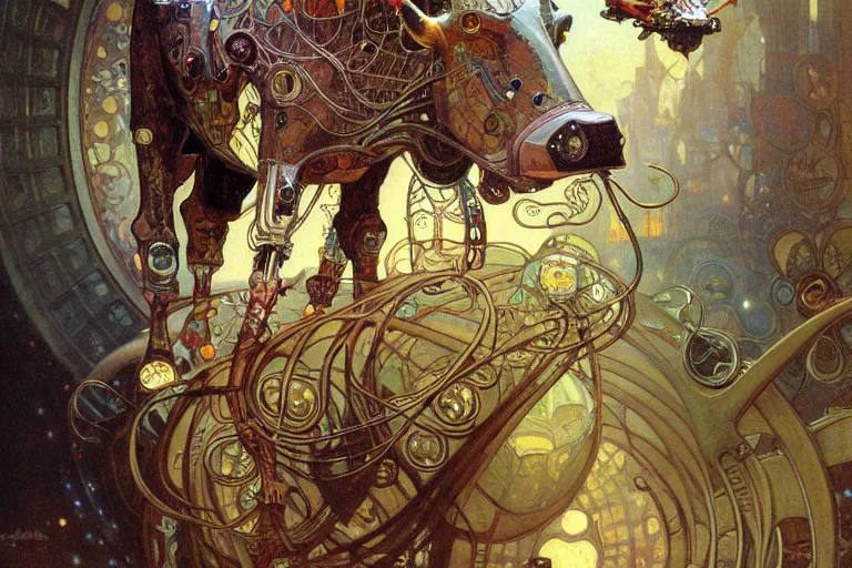 Prompt: cyborg cow, intricate, futuristic, fantasy, elegant, thomas kindkade, moebius, alphonse mucha, loish, norman rockwell,