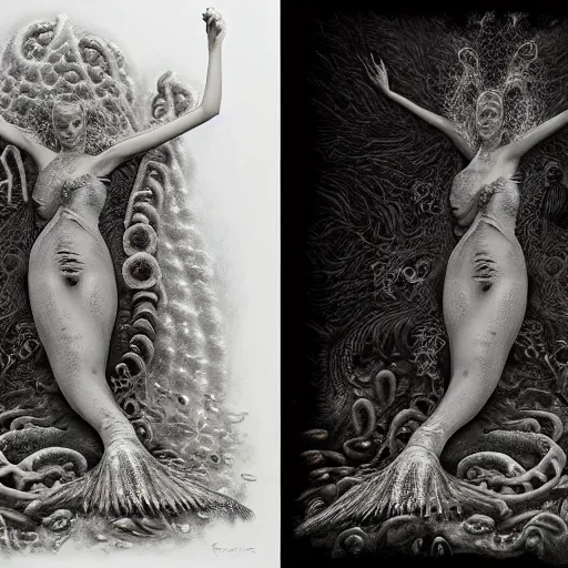 Prompt: By Jason deCaires Taylor, ultra realist soft painting of a fish and squid parade by night, beautiful dark eyed evil mermaid in full multiples tentacles bodysuit, symmetry accurate features, very intricate details, omnious underwater environment, black and white, volumetric light water