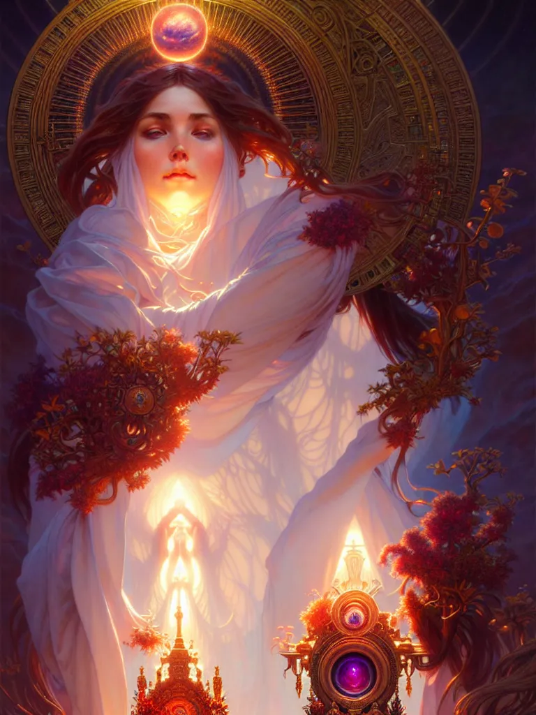 Prompt: ultra realistic, altar of cosmic goddess, intricate details, eerie, awakening, artstation, atmospheric, highly detailed, photorealistic, hyperrealism, 8k, art by artgerm and greg rutkowski and alphonse mucha