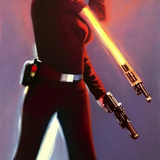 Prompt: An oil painting of Alyssa Milano playing Han Solo. Beautiful painting with dramatic lighting. Art inspired from Star Wars A New Hope.