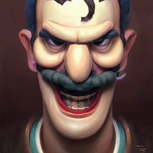 Image similar to portrait painting waluigi, silly, angry, rolling his eyes, painted by greg rutkowski, soft, sharp details, hyper realistic