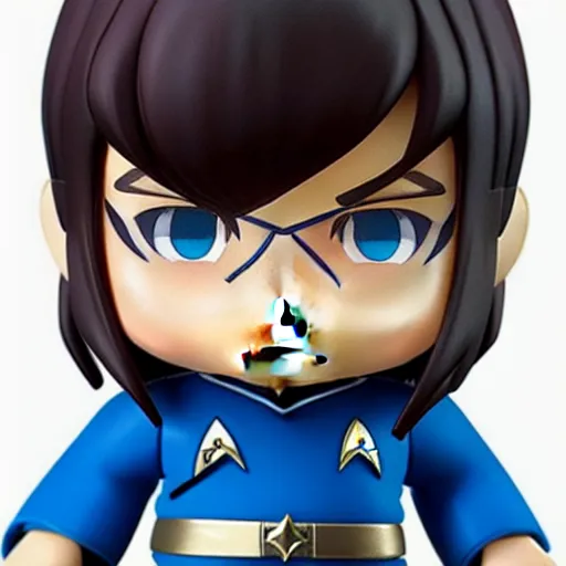 Prompt: spock from the tv series star trek as an anime nendoroid, serious look, pointed ears, spock haircut, starfleet uniform, detailed product photo